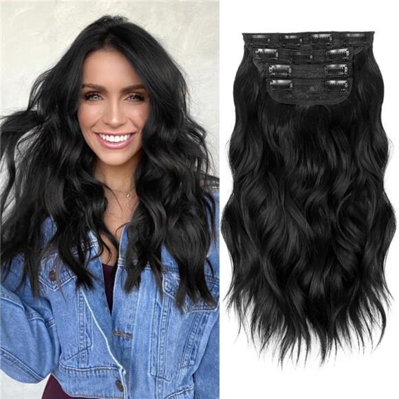 Clip in Long Wavy Synthetic Hair Extension 16 Inch Black 4PCS Thick